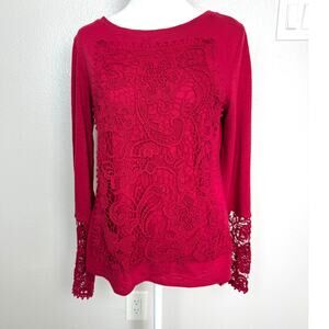 Sundance Crochet Lace Front Long Sleeve Tee Shirt Cranberry Red Floral Boho Sz S